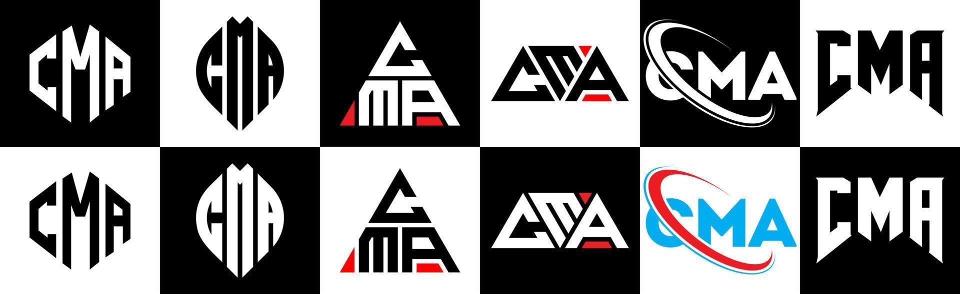 cma brief logo ontwerp in zes stijl. cma veelhoek, cirkel, driehoek, zeshoek, vlak en gemakkelijk stijl met zwart en wit kleur variatie brief logo reeks in een tekengebied. cma minimalistische en klassiek logo vector