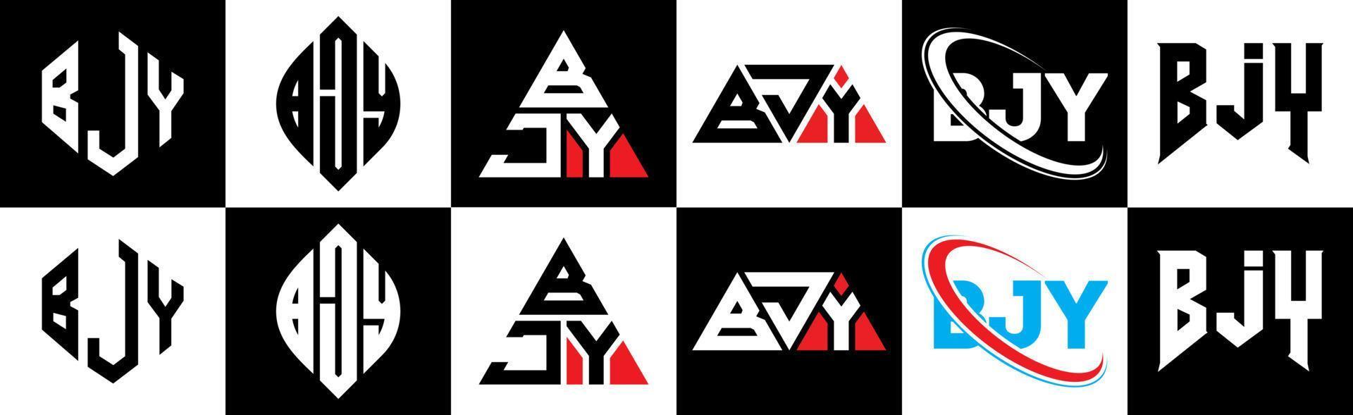 bjy brief logo ontwerp in zes stijl. bjy veelhoek, cirkel, driehoek, zeshoek, vlak en gemakkelijk stijl met zwart en wit kleur variatie brief logo reeks in een tekengebied. bjy minimalistische en klassiek logo vector