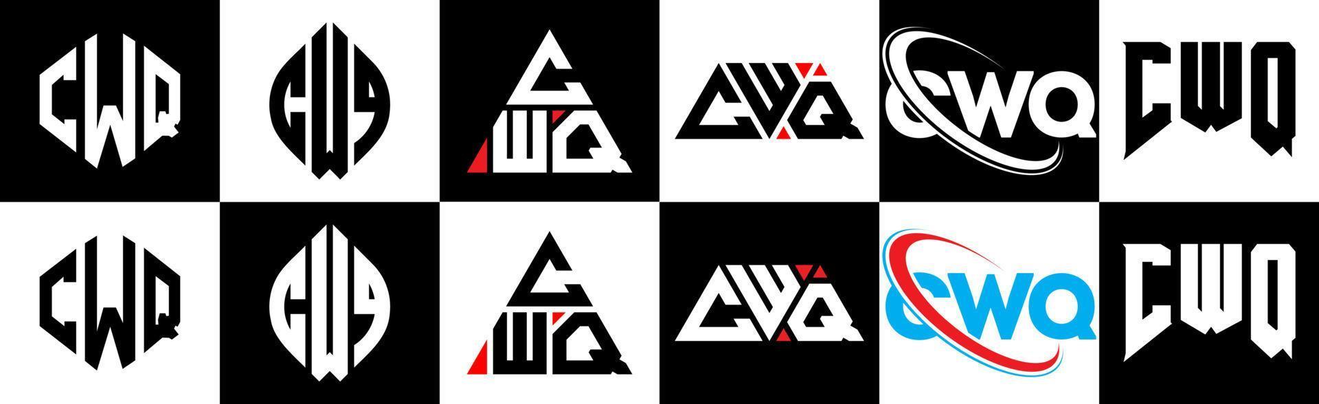 cwq brief logo ontwerp in zes stijl. cwq veelhoek, cirkel, driehoek, zeshoek, vlak en gemakkelijk stijl met zwart en wit kleur variatie brief logo reeks in een tekengebied. cwq minimalistische en klassiek logo vector