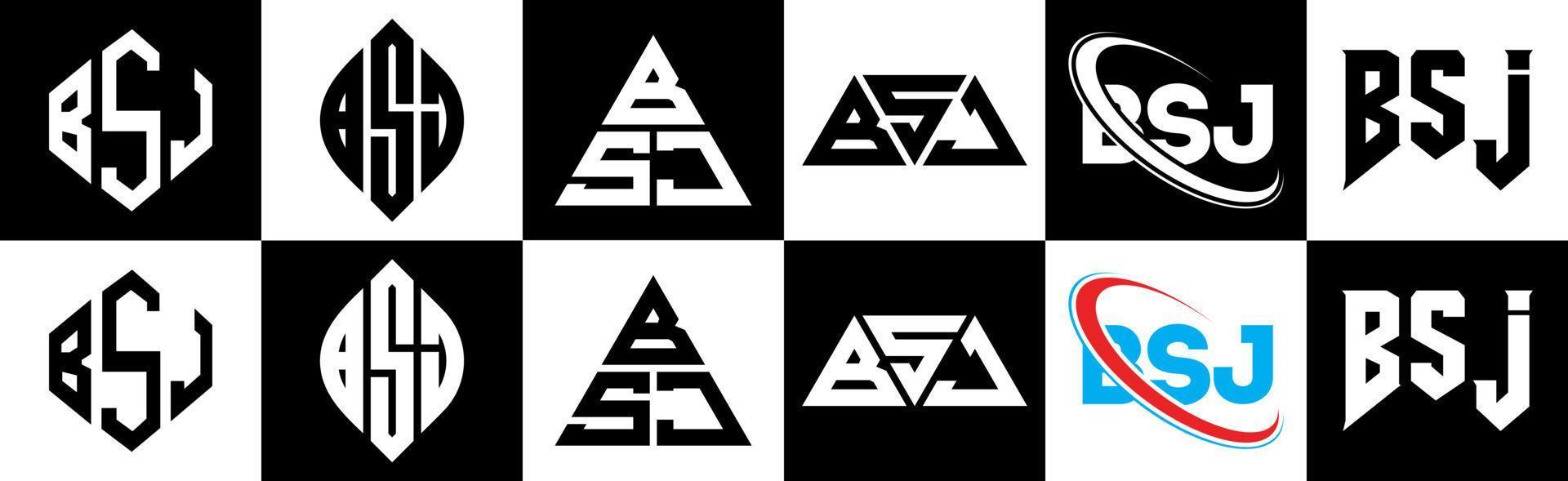 bsj brief logo ontwerp in zes stijl. bsj veelhoek, cirkel, driehoek, zeshoek, vlak en gemakkelijk stijl met zwart en wit kleur variatie brief logo reeks in een tekengebied. bsj minimalistische en klassiek logo vector