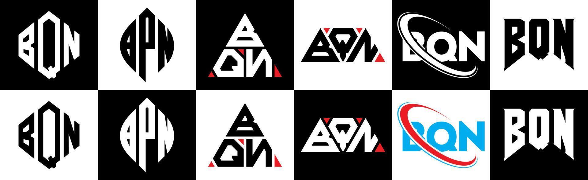 bqn brief logo ontwerp in zes stijl. bqn veelhoek, cirkel, driehoek, zeshoek, vlak en gemakkelijk stijl met zwart en wit kleur variatie brief logo reeks in een tekengebied. bqn minimalistische en klassiek logo vector