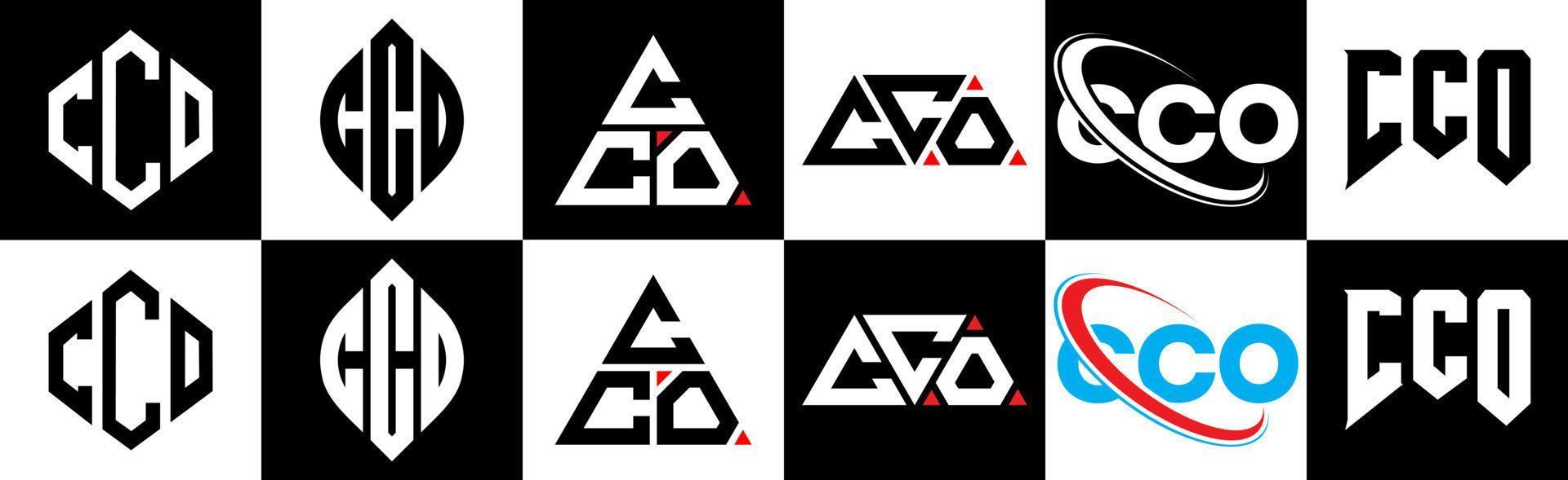 cco brief logo ontwerp in zes stijl. cco veelhoek, cirkel, driehoek, zeshoek, vlak en gemakkelijk stijl met zwart en wit kleur variatie brief logo reeks in een tekengebied. cco minimalistische en klassiek logo vector