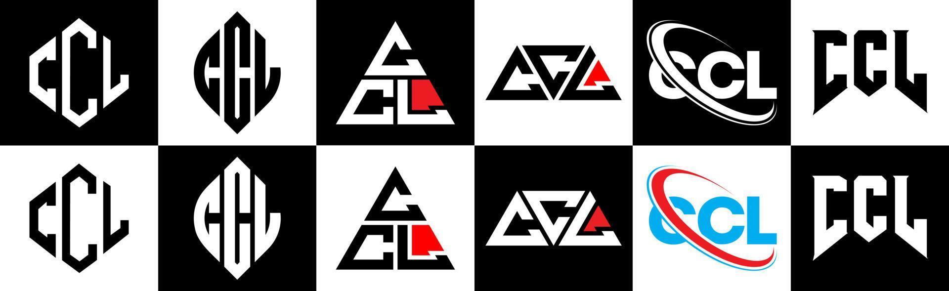 ccl brief logo ontwerp in zes stijl. ccl veelhoek, cirkel, driehoek, zeshoek, vlak en gemakkelijk stijl met zwart en wit kleur variatie brief logo reeks in een tekengebied. ccl minimalistische en klassiek logo vector