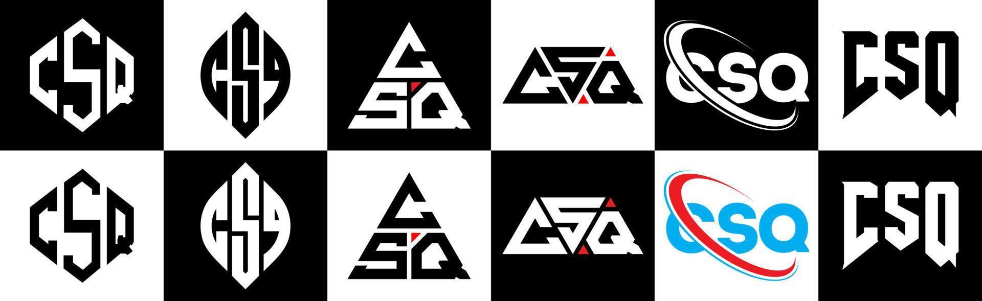 csq brief logo ontwerp in zes stijl. csq veelhoek, cirkel, driehoek, zeshoek, vlak en gemakkelijk stijl met zwart en wit kleur variatie brief logo reeks in een tekengebied. csq minimalistische en klassiek logo vector