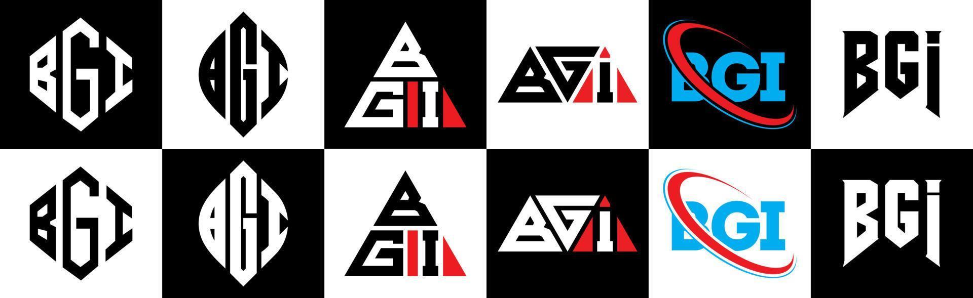 bgi brief logo ontwerp in zes stijl. bgi veelhoek, cirkel, driehoek, zeshoek, vlak en gemakkelijk stijl met zwart en wit kleur variatie brief logo reeks in een tekengebied. bgi minimalistische en klassiek logo vector