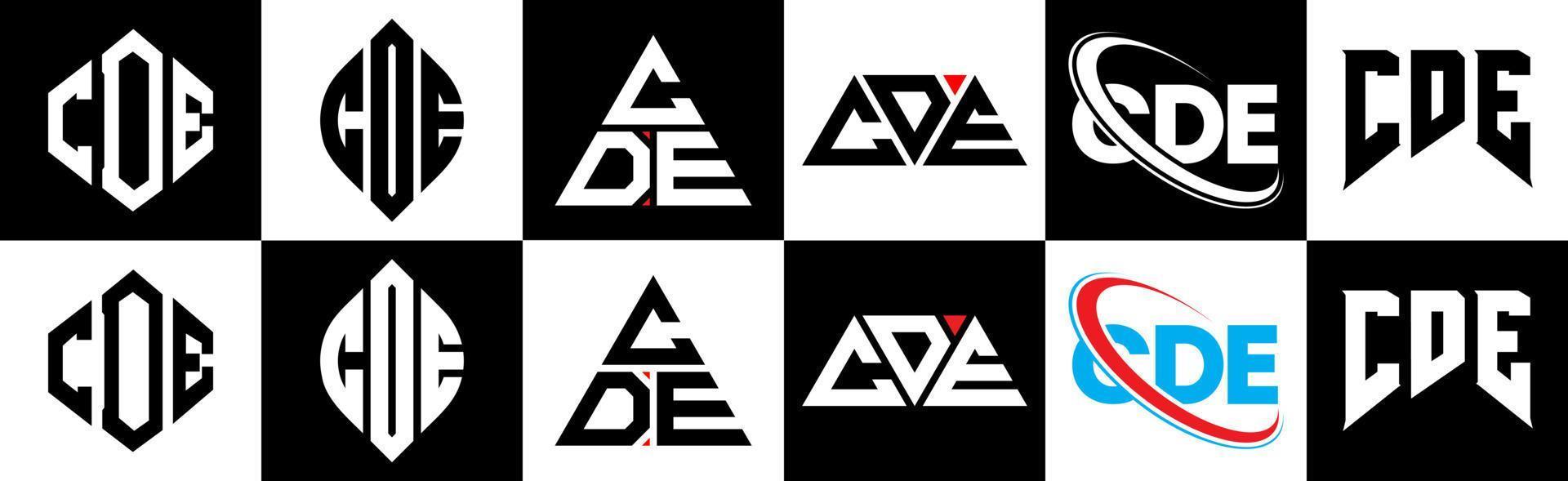 cde brief logo ontwerp in zes stijl. cde veelhoek, cirkel, driehoek, zeshoek, vlak en gemakkelijk stijl met zwart en wit kleur variatie brief logo reeks in een tekengebied. cde minimalistische en klassiek logo vector