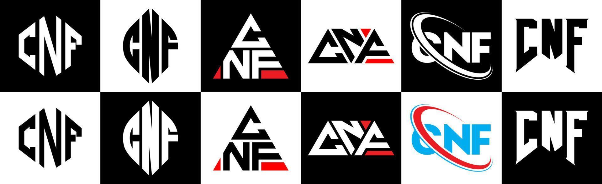 cnf brief logo ontwerp in zes stijl. cnf veelhoek, cirkel, driehoek, zeshoek, vlak en gemakkelijk stijl met zwart en wit kleur variatie brief logo reeks in een tekengebied. cnf minimalistische en klassiek logo vector