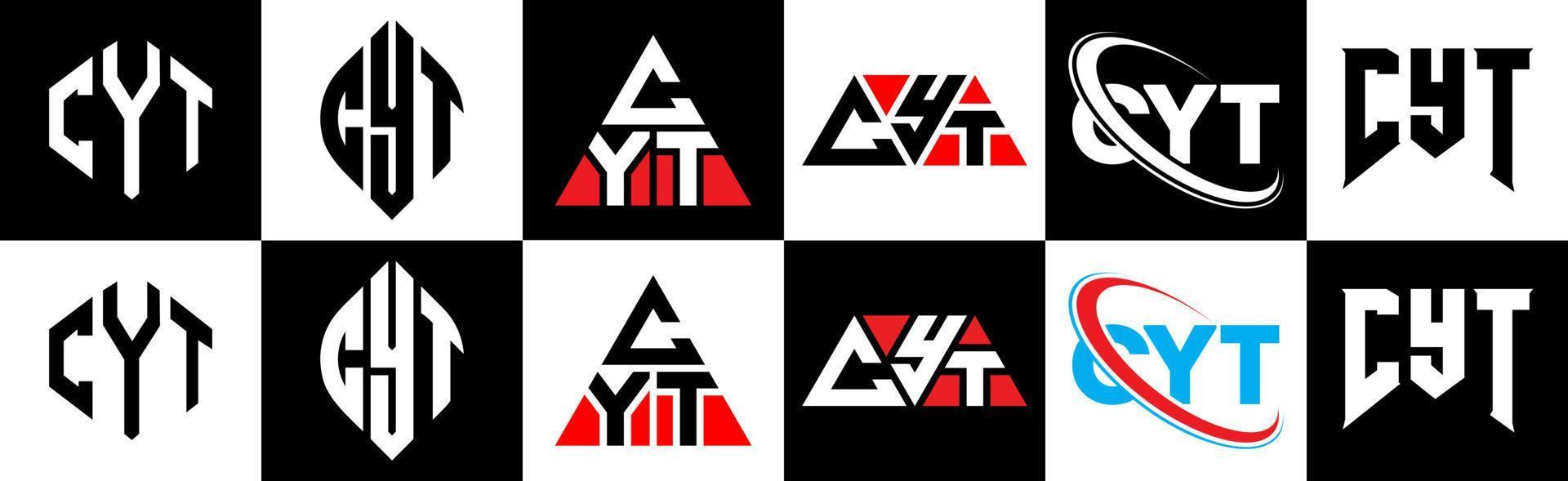 cyt brief logo ontwerp in zes stijl. cyt veelhoek, cirkel, driehoek, zeshoek, vlak en gemakkelijk stijl met zwart en wit kleur variatie brief logo reeks in een tekengebied. cyt minimalistische en klassiek logo vector