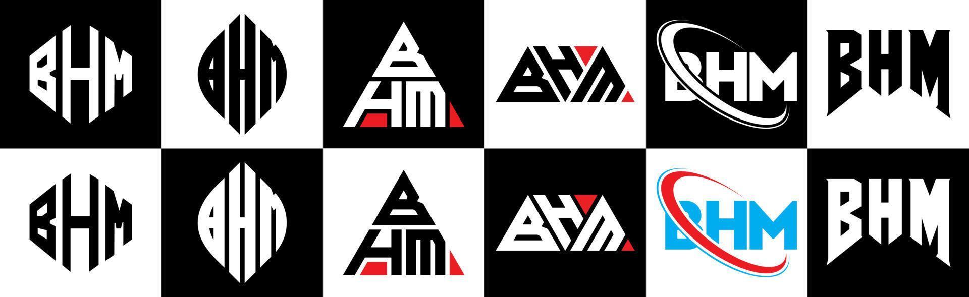 bhm brief logo ontwerp in zes stijl. bhm veelhoek, cirkel, driehoek, zeshoek, vlak en gemakkelijk stijl met zwart en wit kleur variatie brief logo reeks in een tekengebied. bhm minimalistische en klassiek logo vector