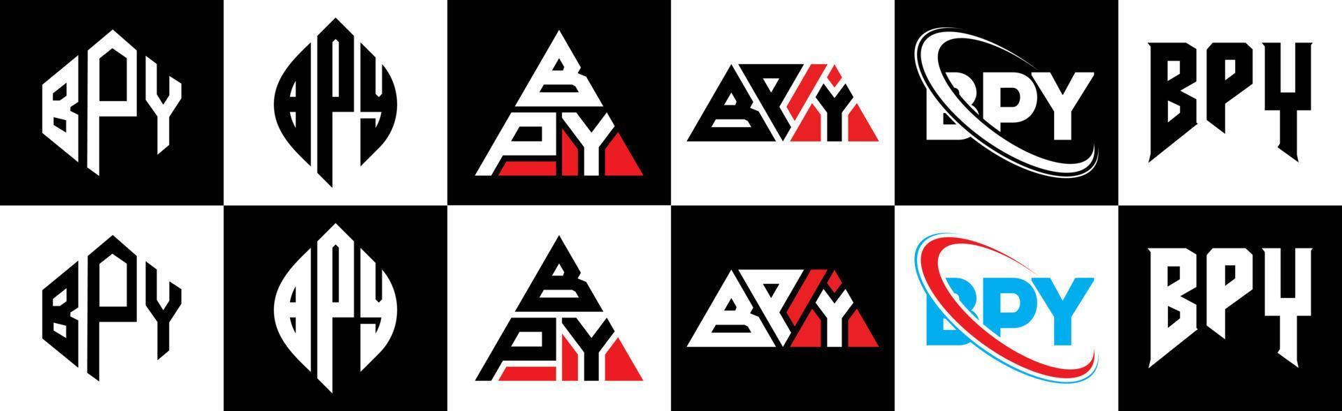 bpy brief logo ontwerp in zes stijl. bpy veelhoek, cirkel, driehoek, zeshoek, vlak en gemakkelijk stijl met zwart en wit kleur variatie brief logo reeks in een tekengebied. bpy minimalistische en klassiek logo vector