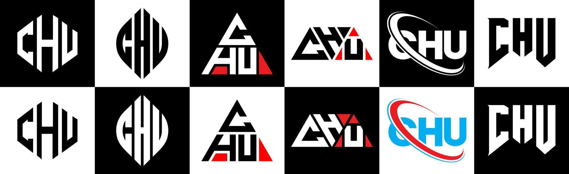 chu brief logo ontwerp in zes stijl. chu veelhoek, cirkel, driehoek, zeshoek, vlak en gemakkelijk stijl met zwart en wit kleur variatie brief logo reeks in een tekengebied. chu minimalistische en klassiek logo vector