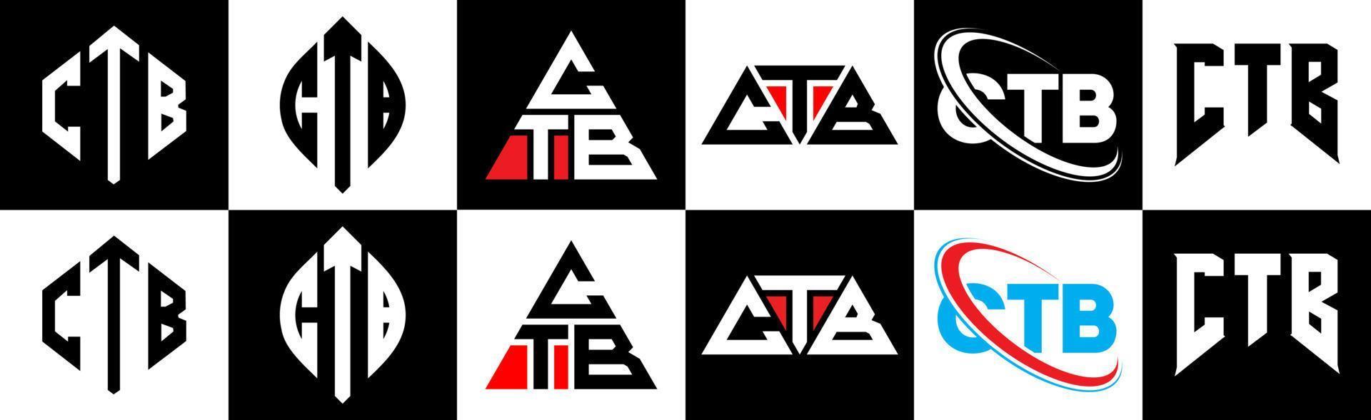 ctb brief logo ontwerp in zes stijl. ctb veelhoek, cirkel, driehoek, zeshoek, vlak en gemakkelijk stijl met zwart en wit kleur variatie brief logo reeks in een tekengebied. ctb minimalistische en klassiek logo vector