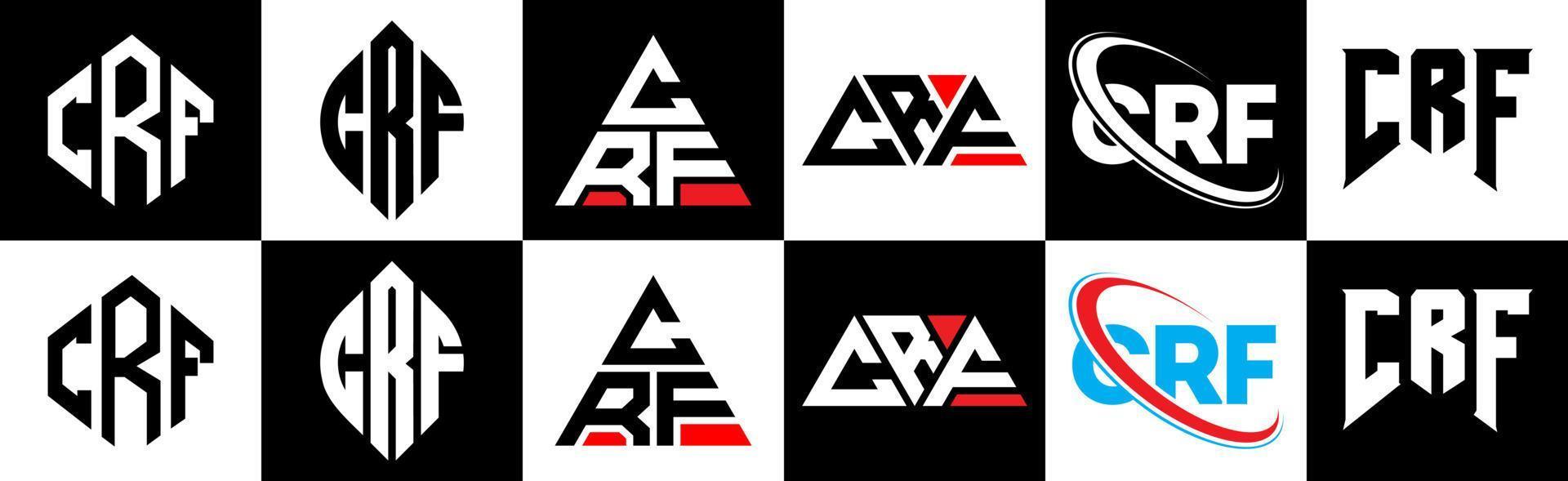 crf brief logo ontwerp in zes stijl. crf veelhoek, cirkel, driehoek, zeshoek, vlak en gemakkelijk stijl met zwart en wit kleur variatie brief logo reeks in een tekengebied. crf minimalistische en klassiek logo vector