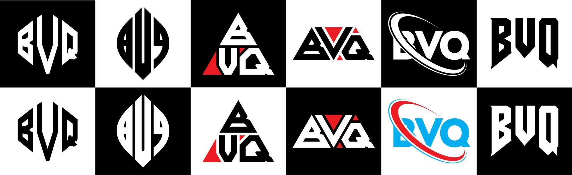 bvq brief logo ontwerp in zes stijl. bvq veelhoek, cirkel, driehoek, zeshoek, vlak en gemakkelijk stijl met zwart en wit kleur variatie brief logo reeks in een tekengebied. bvq minimalistische en klassiek logo vector