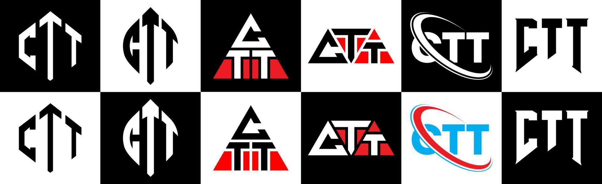 ctt brief logo ontwerp in zes stijl. ctt veelhoek, cirkel, driehoek, zeshoek, vlak en gemakkelijk stijl met zwart en wit kleur variatie brief logo reeks in een tekengebied. ctt minimalistische en klassiek logo vector