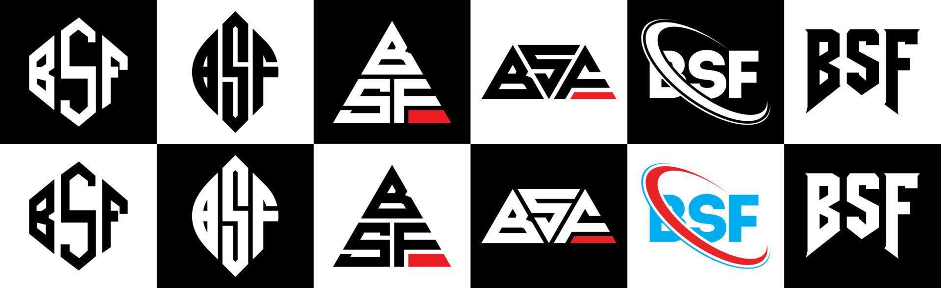 bsf brief logo ontwerp in zes stijl. bsf veelhoek, cirkel, driehoek, zeshoek, vlak en gemakkelijk stijl met zwart en wit kleur variatie brief logo reeks in een tekengebied. bsf minimalistische en klassiek logo vector