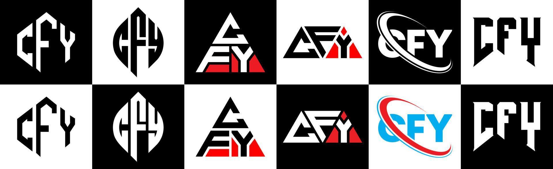 cfy brief logo ontwerp in zes stijl. cfy veelhoek, cirkel, driehoek, zeshoek, vlak en gemakkelijk stijl met zwart en wit kleur variatie brief logo reeks in een tekengebied. cfy minimalistische en klassiek logo vector