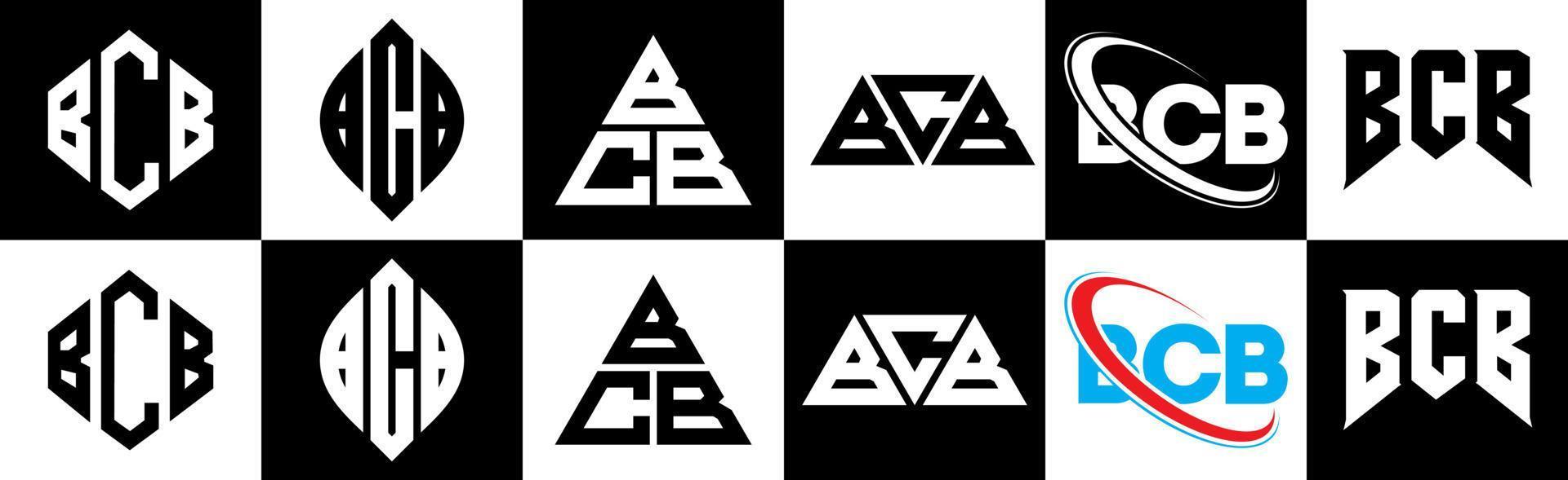 bcb brief logo ontwerp in zes stijl. bcb veelhoek, cirkel, driehoek, zeshoek, vlak en gemakkelijk stijl met zwart en wit kleur variatie brief logo reeks in een tekengebied. bcb minimalistische en klassiek logo vector