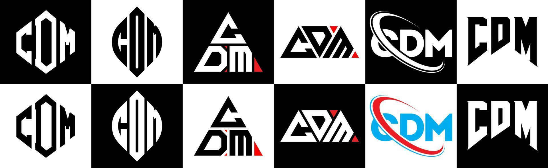 cdm brief logo ontwerp in zes stijl. cdm veelhoek, cirkel, driehoek, zeshoek, vlak en gemakkelijk stijl met zwart en wit kleur variatie brief logo reeks in een tekengebied. cdm minimalistische en klassiek logo vector