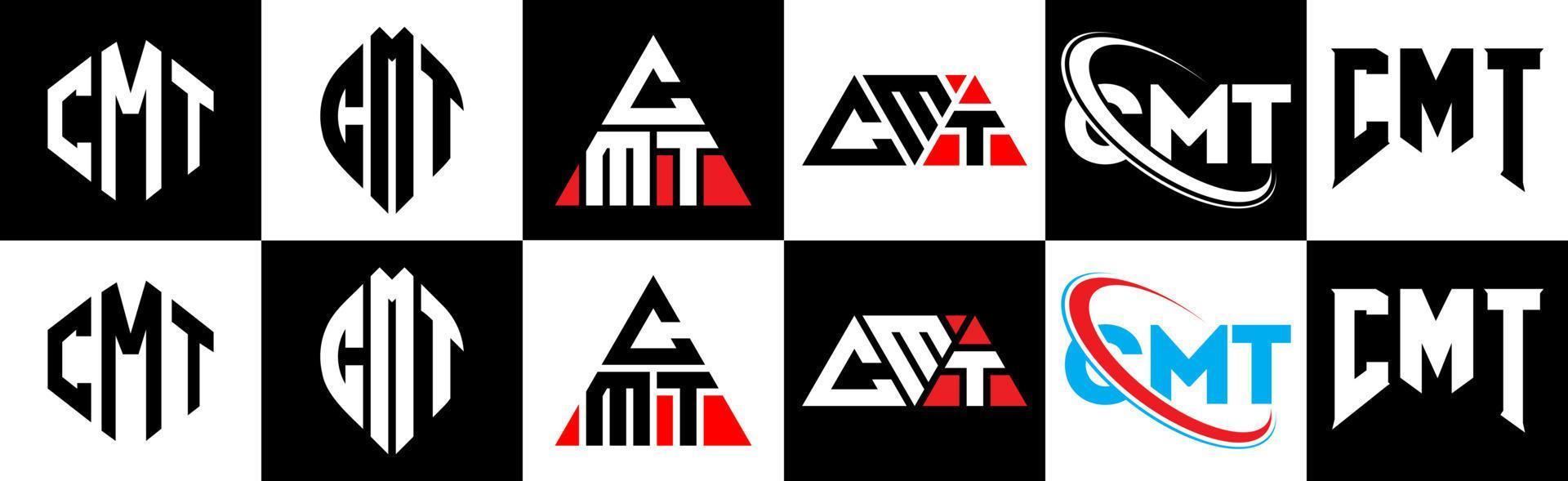 cmt brief logo ontwerp in zes stijl. cmt veelhoek, cirkel, driehoek, zeshoek, vlak en gemakkelijk stijl met zwart en wit kleur variatie brief logo reeks in een tekengebied. cmt minimalistische en klassiek logo vector