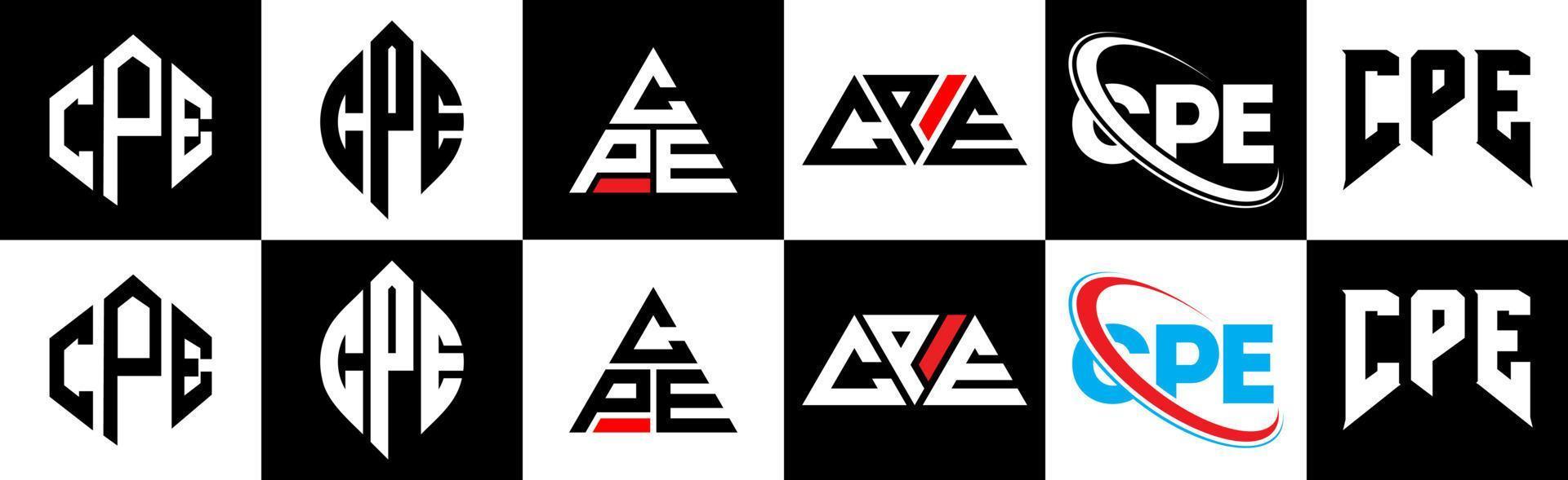 cpe brief logo ontwerp in zes stijl. cpe veelhoek, cirkel, driehoek, zeshoek, vlak en gemakkelijk stijl met zwart en wit kleur variatie brief logo reeks in een tekengebied. cpe minimalistische en klassiek logo vector