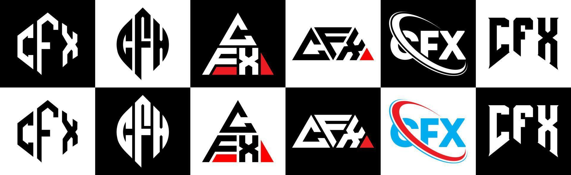 cfx brief logo ontwerp in zes stijl. cfx veelhoek, cirkel, driehoek, zeshoek, vlak en gemakkelijk stijl met zwart en wit kleur variatie brief logo reeks in een tekengebied. cfx minimalistische en klassiek logo vector