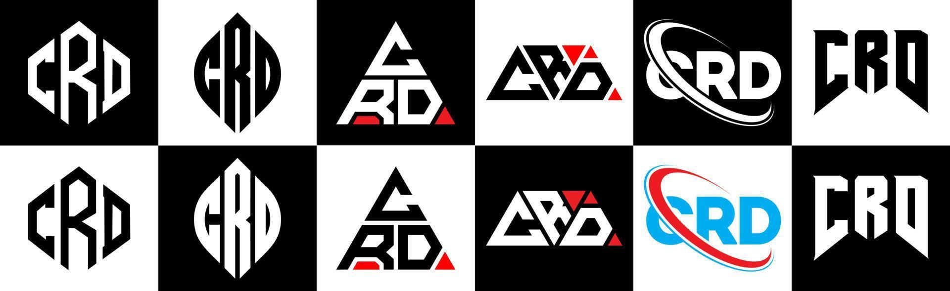 crd brief logo ontwerp in zes stijl. crd veelhoek, cirkel, driehoek, zeshoek, vlak en gemakkelijk stijl met zwart en wit kleur variatie brief logo reeks in een tekengebied. crd minimalistische en klassiek logo vector