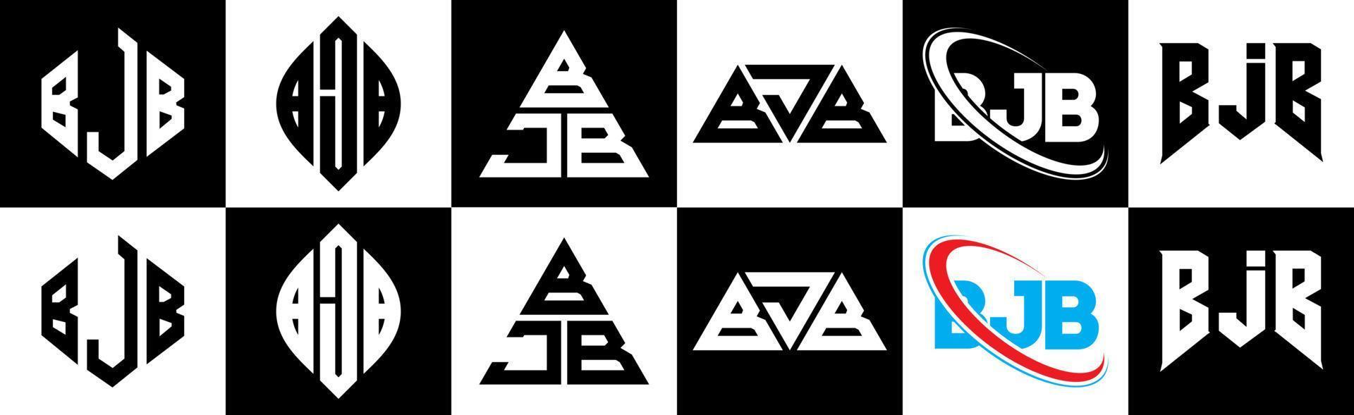 bjb brief logo ontwerp in zes stijl. bjb veelhoek, cirkel, driehoek, zeshoek, vlak en gemakkelijk stijl met zwart en wit kleur variatie brief logo reeks in een tekengebied. bjb minimalistische en klassiek logo vector