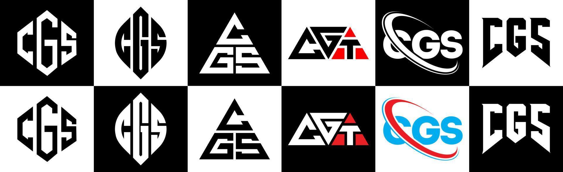 cgs brief logo ontwerp in zes stijl. cgs veelhoek, cirkel, driehoek, zeshoek, vlak en gemakkelijk stijl met zwart en wit kleur variatie brief logo reeks in een tekengebied. cgs minimalistische en klassiek logo vector