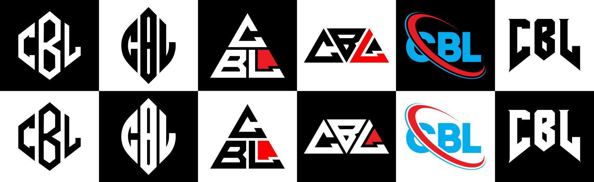 cbl brief logo ontwerp in zes stijl. cbl veelhoek, cirkel, driehoek, zeshoek, vlak en gemakkelijk stijl met zwart en wit kleur variatie brief logo reeks in een tekengebied. cbl minimalistische en klassiek logo vector