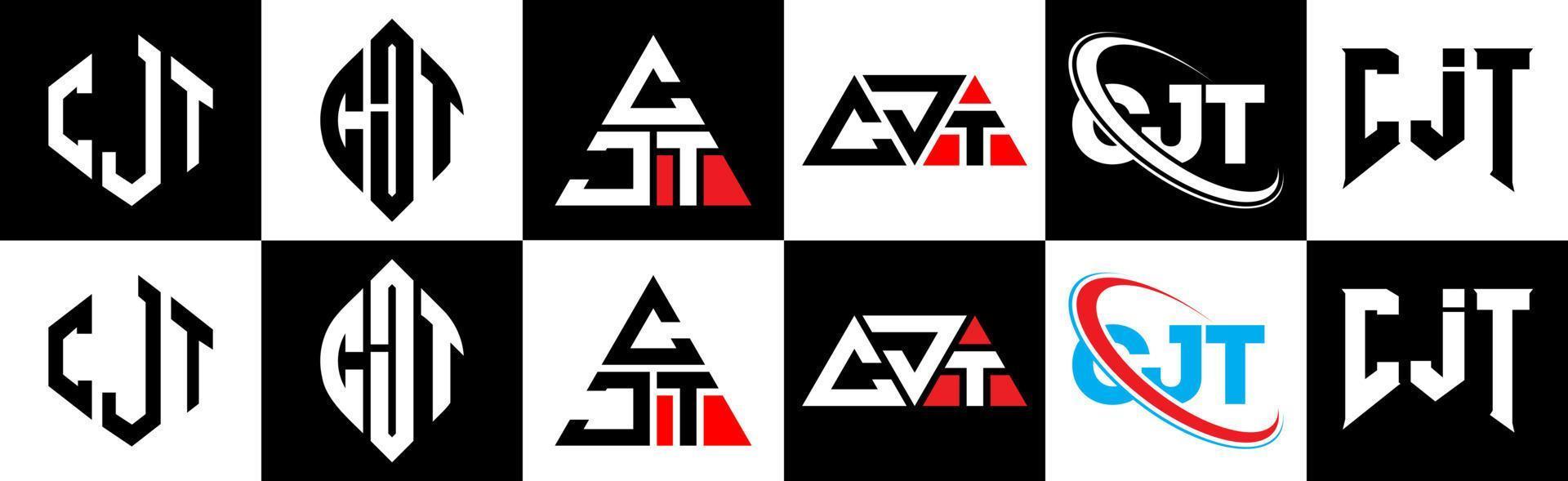 cjt brief logo ontwerp in zes stijl. cjt veelhoek, cirkel, driehoek, zeshoek, vlak en gemakkelijk stijl met zwart en wit kleur variatie brief logo reeks in een tekengebied. cjt minimalistische en klassiek logo vector