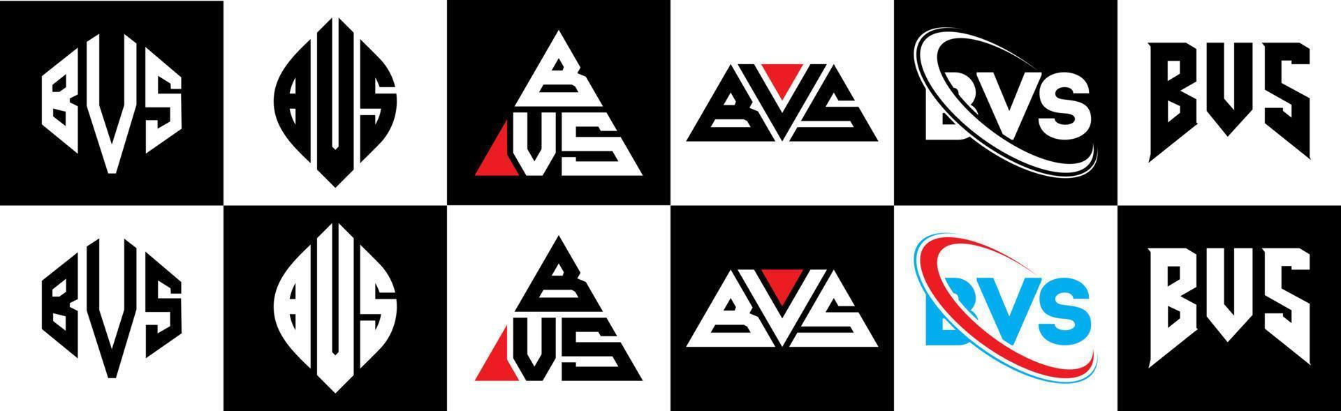 bvs brief logo ontwerp in zes stijl. bvs veelhoek, cirkel, driehoek, zeshoek, vlak en gemakkelijk stijl met zwart en wit kleur variatie brief logo reeks in een tekengebied. bvs minimalistische en klassiek logo vector