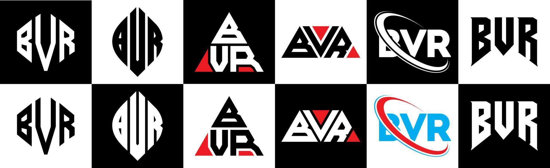 bvr brief logo ontwerp in zes stijl. bvr veelhoek, cirkel, driehoek, zeshoek, vlak en gemakkelijk stijl met zwart en wit kleur variatie brief logo reeks in een tekengebied. bvr minimalistische en klassiek logo vector