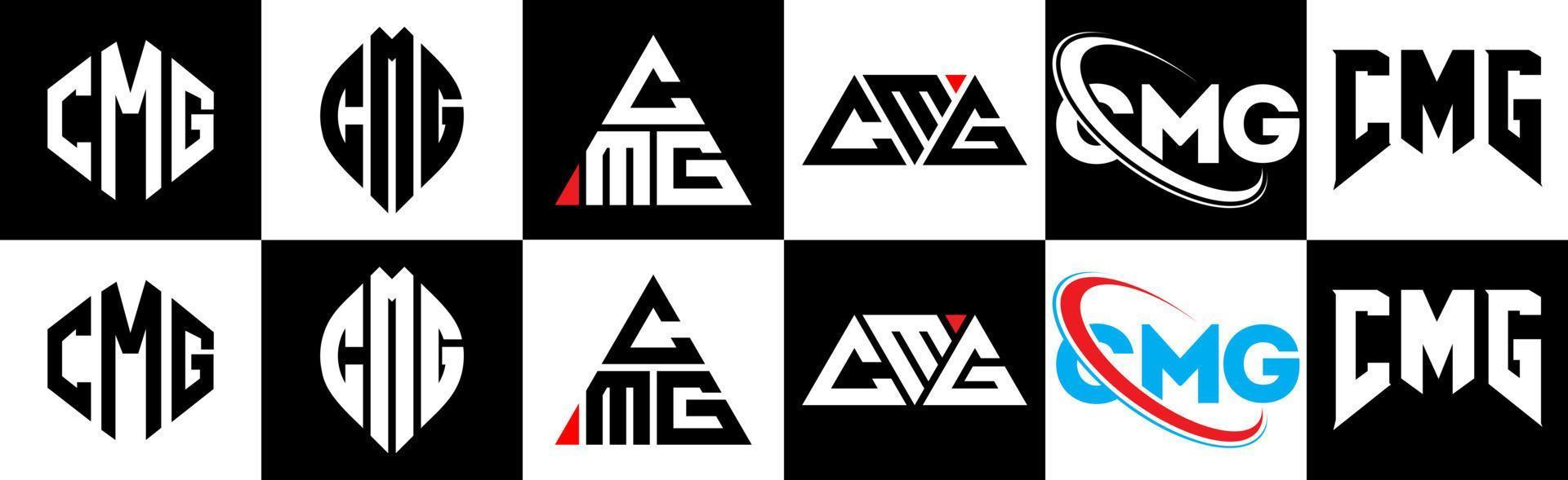 cmg brief logo ontwerp in zes stijl. cmg veelhoek, cirkel, driehoek, zeshoek, vlak en gemakkelijk stijl met zwart en wit kleur variatie brief logo reeks in een tekengebied. cmg minimalistische en klassiek logo vector