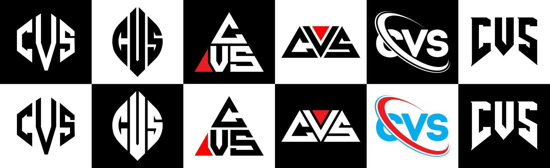 cvs brief logo ontwerp in zes stijl. cvs veelhoek, cirkel, driehoek, zeshoek, vlak en gemakkelijk stijl met zwart en wit kleur variatie brief logo reeks in een tekengebied. cvs minimalistische en klassiek logo vector