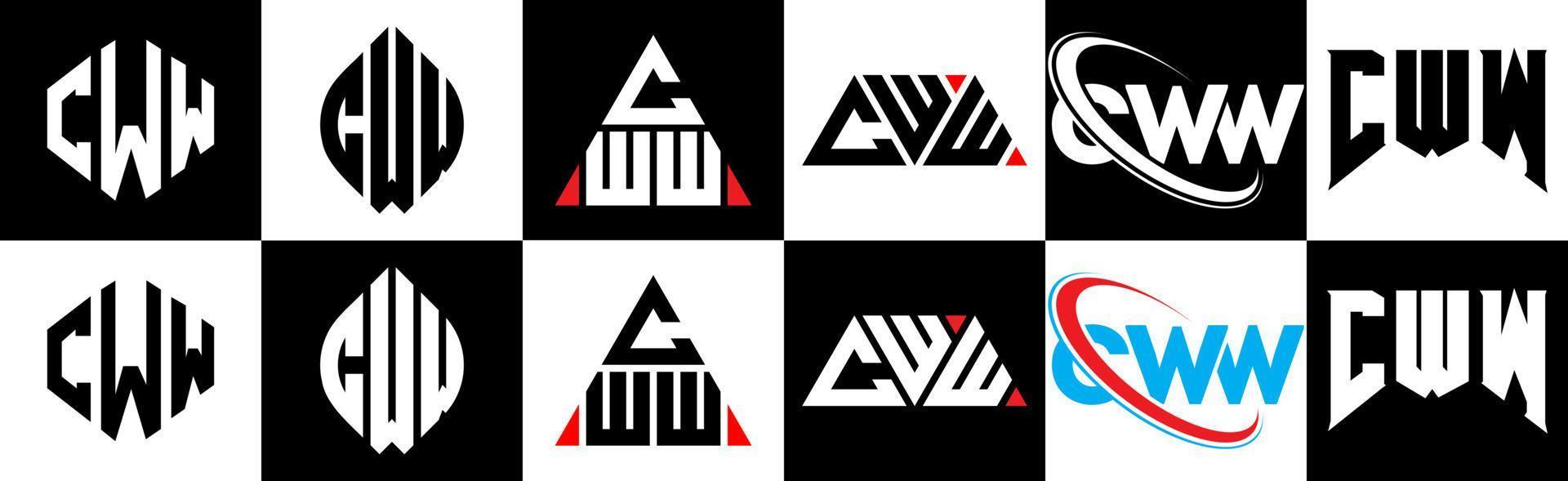 cww brief logo ontwerp in zes stijl. cww veelhoek, cirkel, driehoek, zeshoek, vlak en gemakkelijk stijl met zwart en wit kleur variatie brief logo reeks in een tekengebied. cww minimalistische en klassiek logo vector