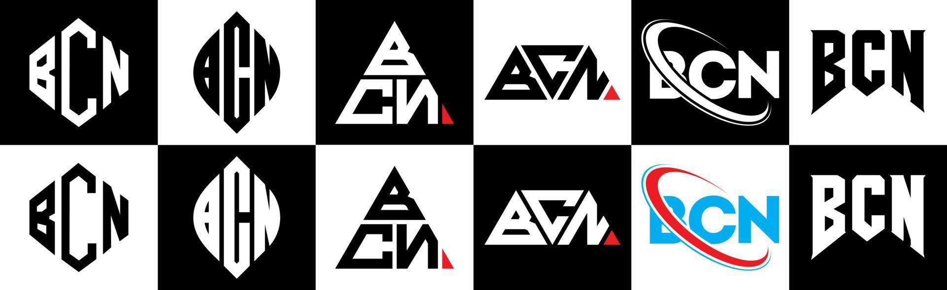 bcn brief logo ontwerp in zes stijl. bcn veelhoek, cirkel, driehoek, zeshoek, vlak en gemakkelijk stijl met zwart en wit kleur variatie brief logo reeks in een tekengebied. bcn minimalistische en klassiek logo vector