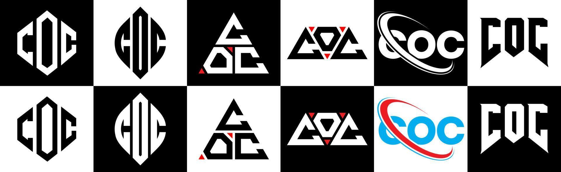 coc brief logo ontwerp in zes stijl. coc veelhoek, cirkel, driehoek, zeshoek, vlak en gemakkelijk stijl met zwart en wit kleur variatie brief logo reeks in een tekengebied. coc minimalistische en klassiek logo vector