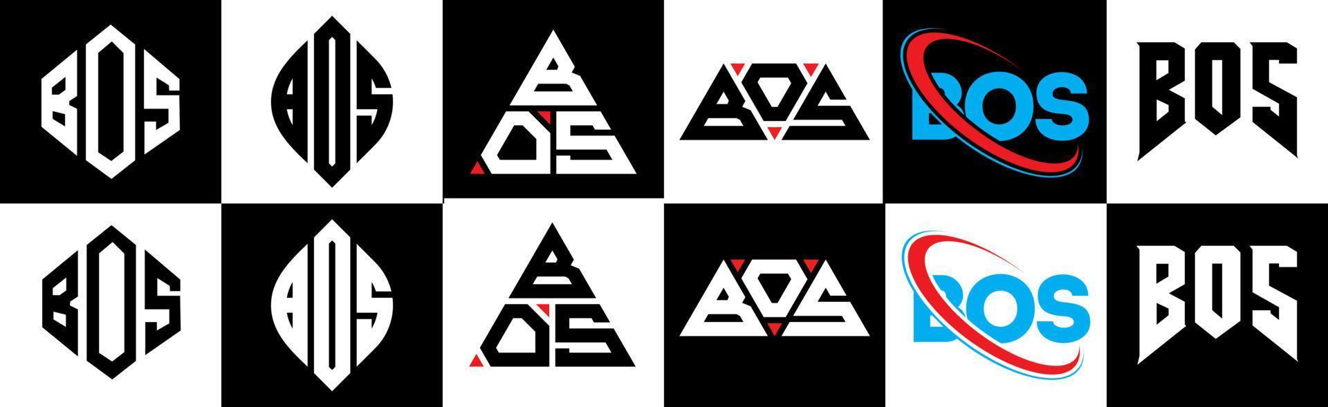 bos brief logo ontwerp in zes stijl. bos veelhoek, cirkel, driehoek, zeshoek, vlak en gemakkelijk stijl met zwart en wit kleur variatie brief logo reeks in een tekengebied. bos minimalistische en klassiek logo vector