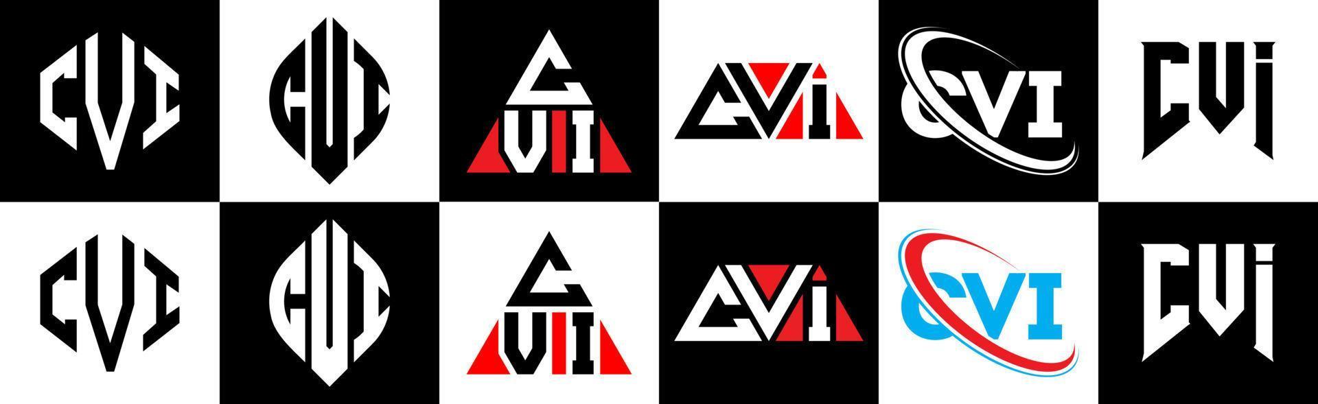 cvi brief logo ontwerp in zes stijl. cvi veelhoek, cirkel, driehoek, zeshoek, vlak en gemakkelijk stijl met zwart en wit kleur variatie brief logo reeks in een tekengebied. cvi minimalistische en klassiek logo vector