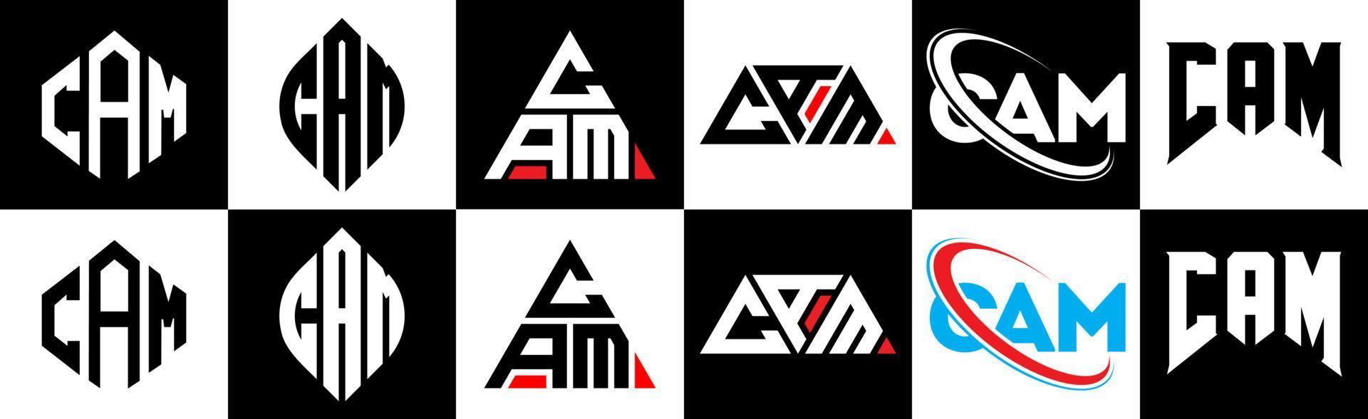 cam brief logo ontwerp in zes stijl. cam veelhoek, cirkel, driehoek, zeshoek, vlak en gemakkelijk stijl met zwart en wit kleur variatie brief logo reeks in een tekengebied. cam minimalistische en klassiek logo vector