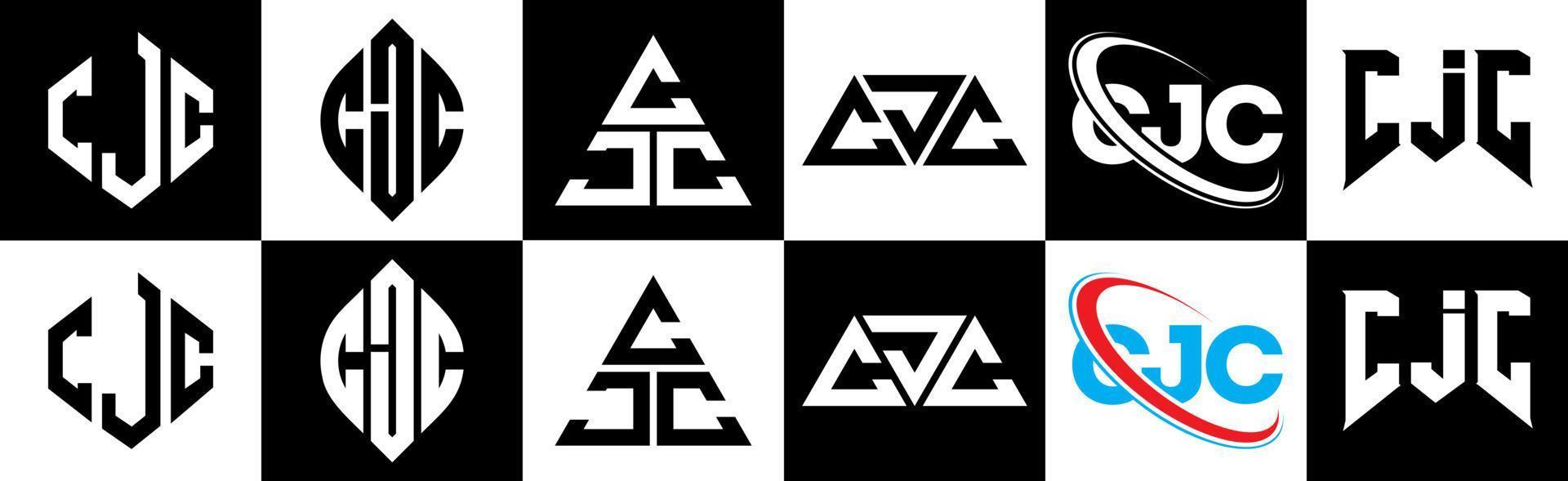 cjc brief logo ontwerp in zes stijl. cjc veelhoek, cirkel, driehoek, zeshoek, vlak en gemakkelijk stijl met zwart en wit kleur variatie brief logo reeks in een tekengebied. cjc minimalistische en klassiek logo vector