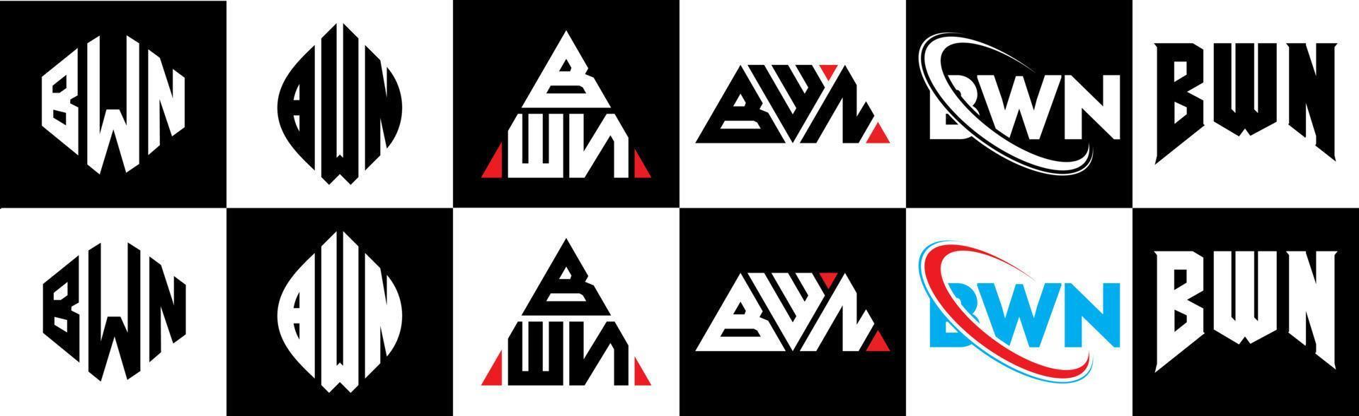 bwn brief logo ontwerp in zes stijl. bwn veelhoek, cirkel, driehoek, zeshoek, vlak en gemakkelijk stijl met zwart en wit kleur variatie brief logo reeks in een tekengebied. bwn minimalistische en klassiek logo vector