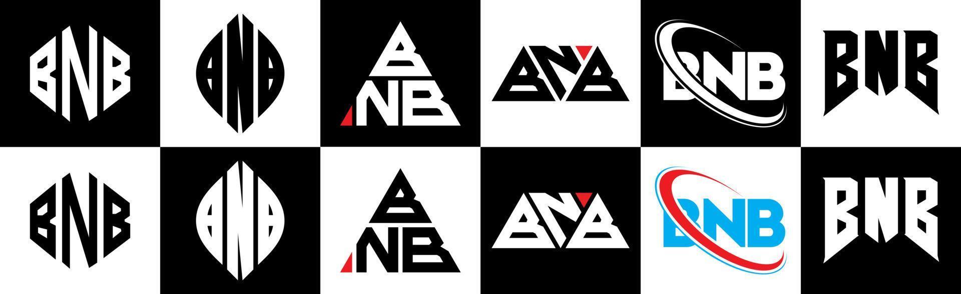 bnb brief logo ontwerp in zes stijl. bnb veelhoek, cirkel, driehoek, zeshoek, vlak en gemakkelijk stijl met zwart en wit kleur variatie brief logo reeks in een tekengebied. bnb minimalistische en klassiek logo vector