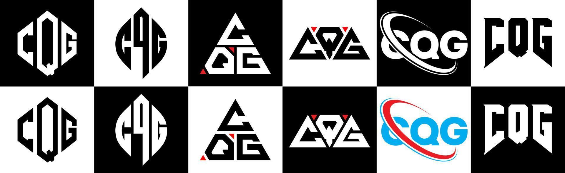 cqg brief logo ontwerp in zes stijl. cqg veelhoek, cirkel, driehoek, zeshoek, vlak en gemakkelijk stijl met zwart en wit kleur variatie brief logo reeks in een tekengebied. cqg minimalistische en klassiek logo vector