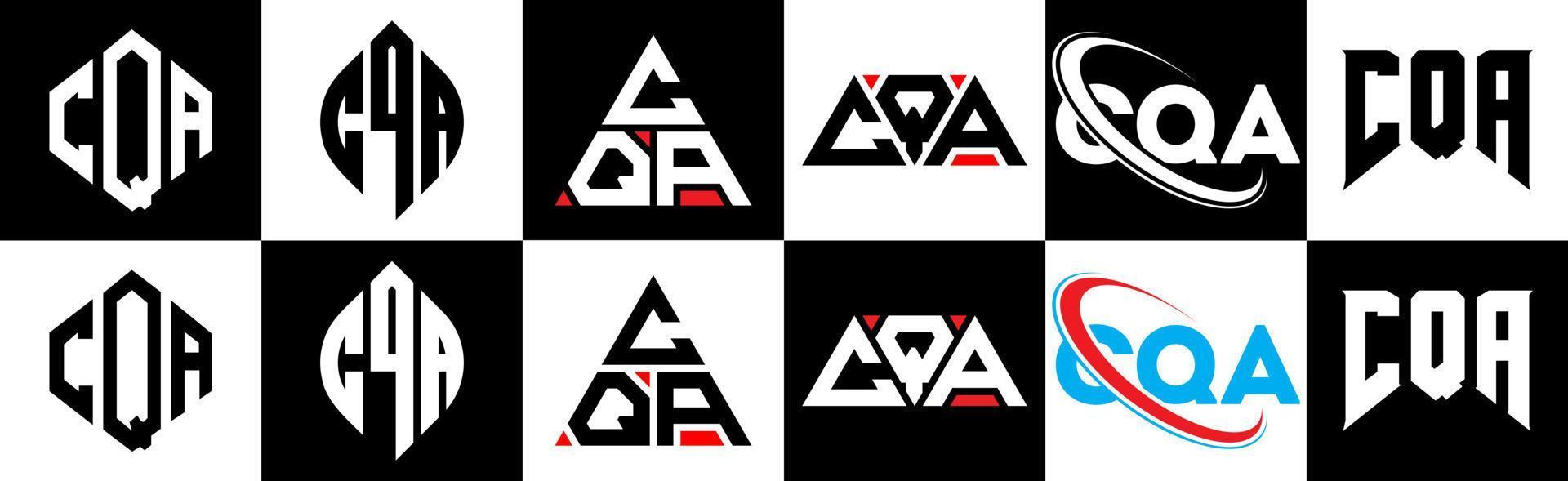 cqa brief logo ontwerp in zes stijl. cqa veelhoek, cirkel, driehoek, zeshoek, vlak en gemakkelijk stijl met zwart en wit kleur variatie brief logo reeks in een tekengebied. cqa minimalistische en klassiek logo vector