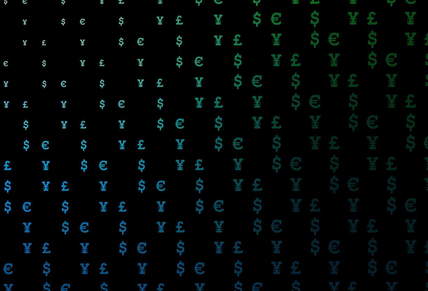 donkerblauwe, groene vectorachtergrond met eur, usd, gbp, jpy. vector