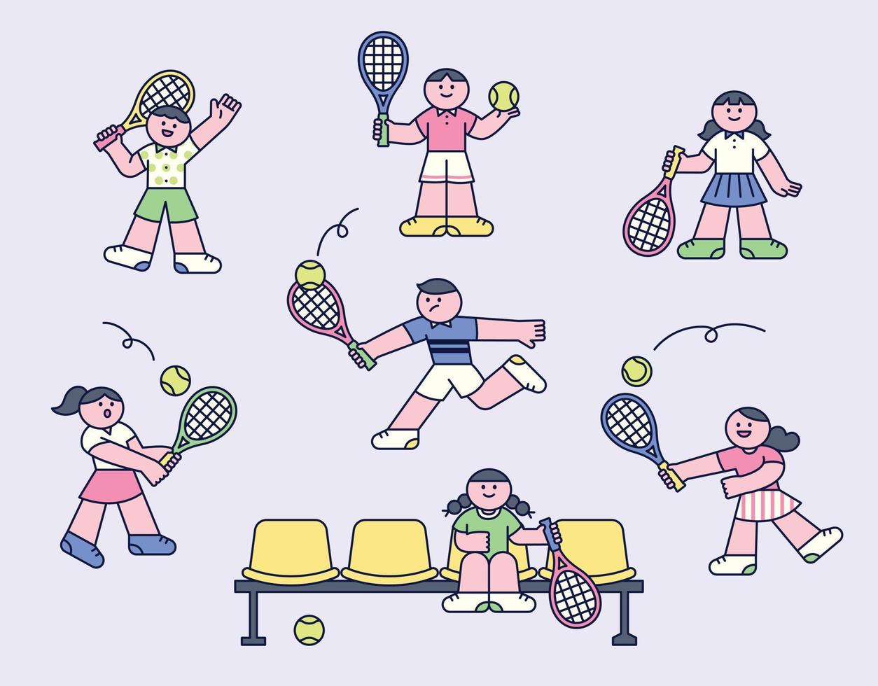 schattig tekens in tennis uniformen zijn spelen tennis. vlak vector illustratie.
