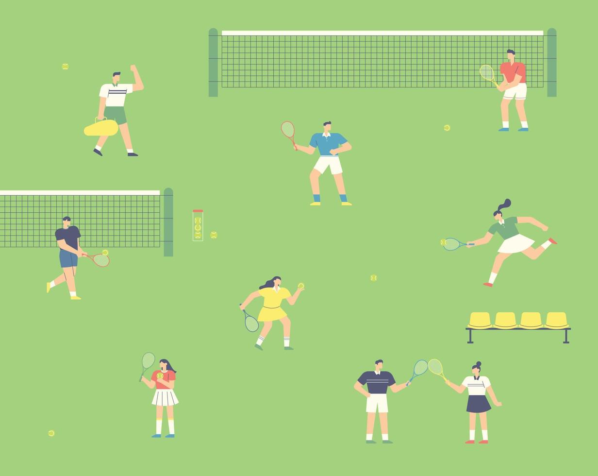 veel mensen zijn spelen tennis Aan de breed groen gazon. Daar is een tennis netto en banken. vector