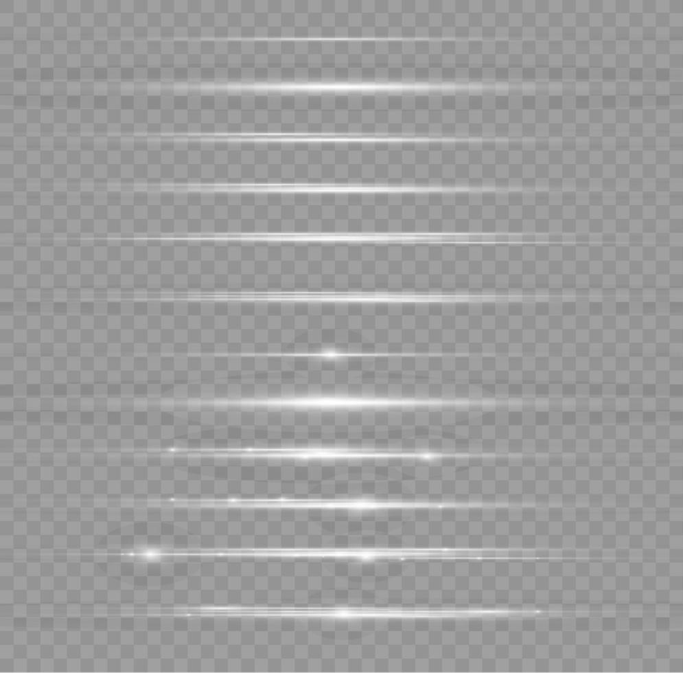 wit horizontaal lens fakkels pak. laser balken, horizontaal licht stralen. mooi licht fakkels. flash licht met fee stof vonken en gouden sterren schijnen. stoffig schijnen licht. vector